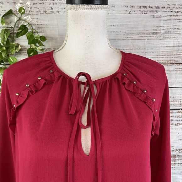 Michael Kors Tunic Blouse size Extra Small Dark Pink Crepe Ruffles Studs Bow Tie - Picture 4 of 15